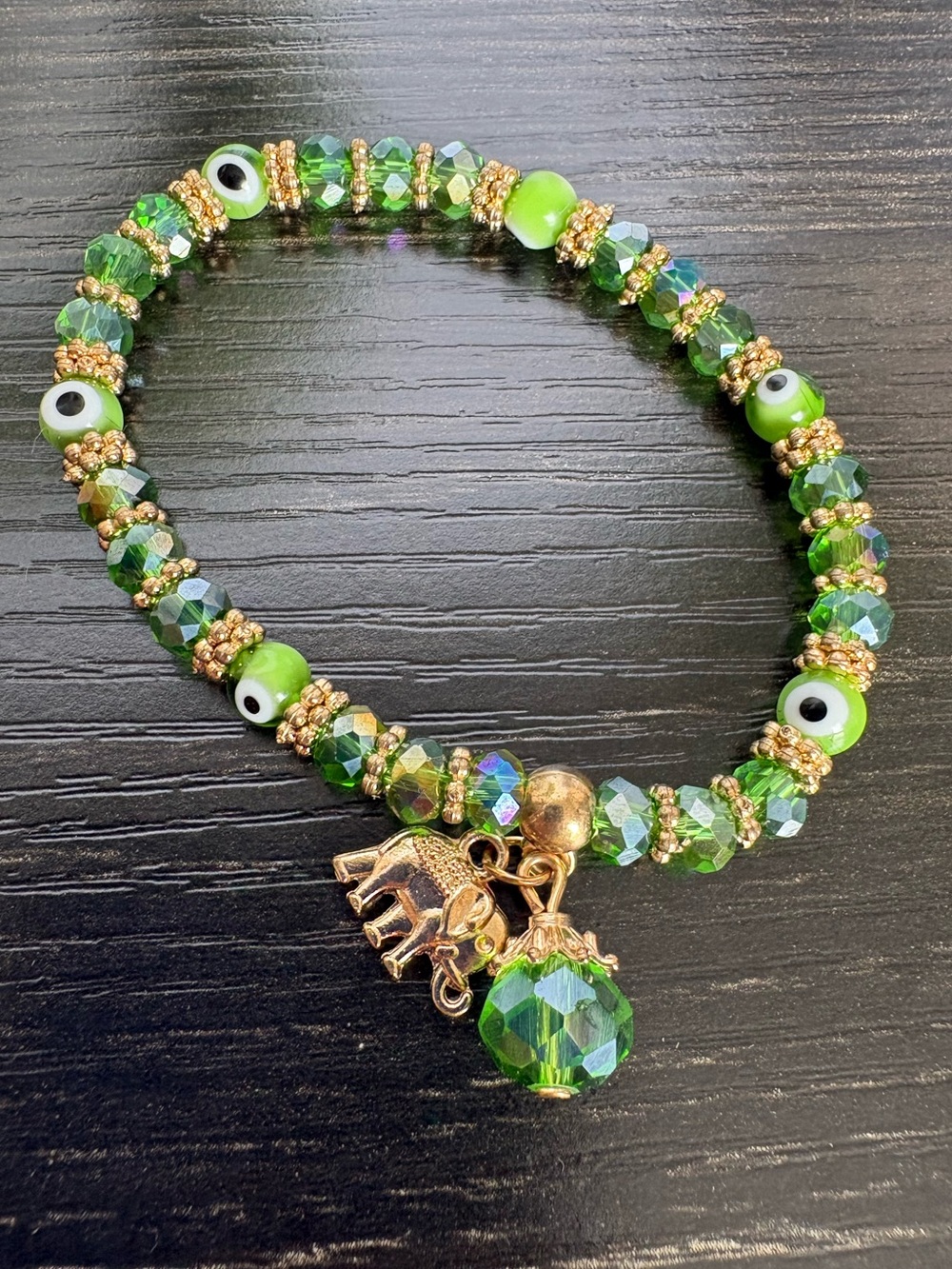 Green Crystal Evil Eye Stretch Bracelet Gold Elephant Charm Good Luck Protection